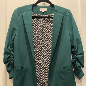 Skies Are Blue Teal Blazer w/ ruched sleeves